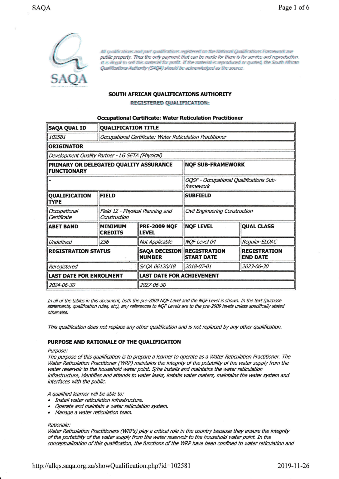 Water Reticulation Practitioner - NQF 04-1